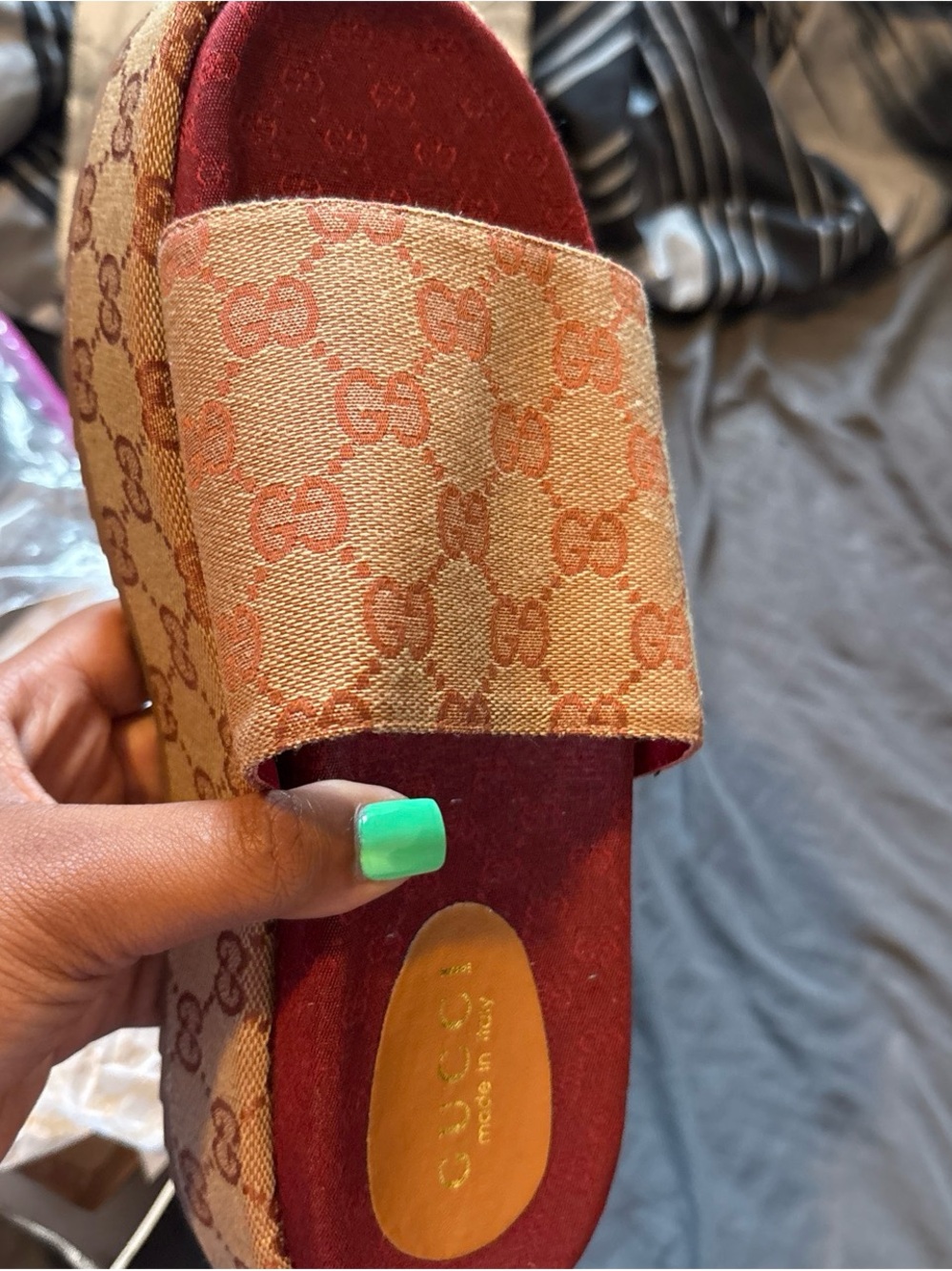 Gucci Beige & Red GG Canvas Platform Slides - Picture 2 of 4